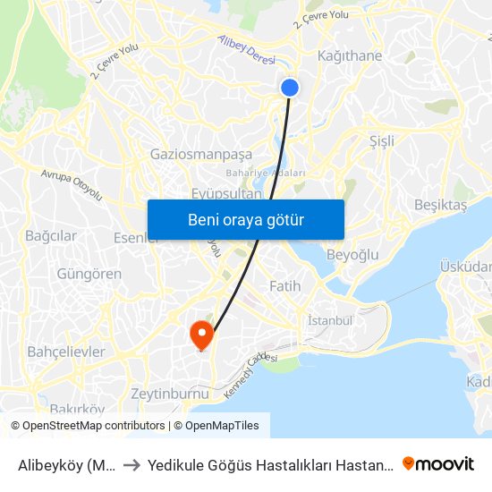 Alibeyköy (M7) to Yedikule Göğüs Hastalıkları Hastanesi map