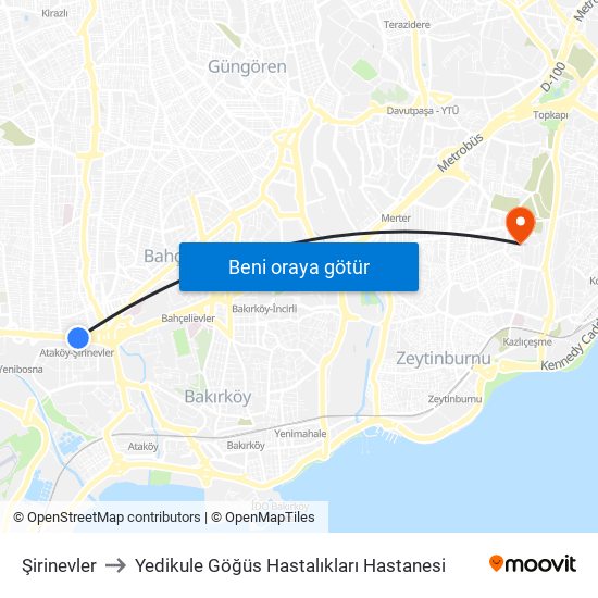 Şirinevler to Yedikule Göğüs Hastalıkları Hastanesi map