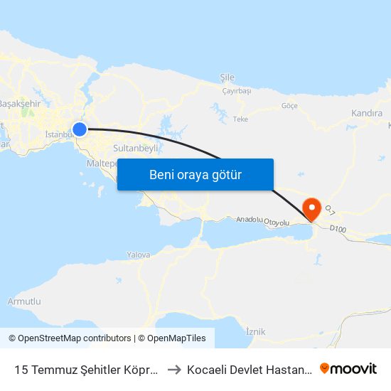 15 Temmuz Şehitler Köprüsü to Kocaeli Devlet Hastanesi map