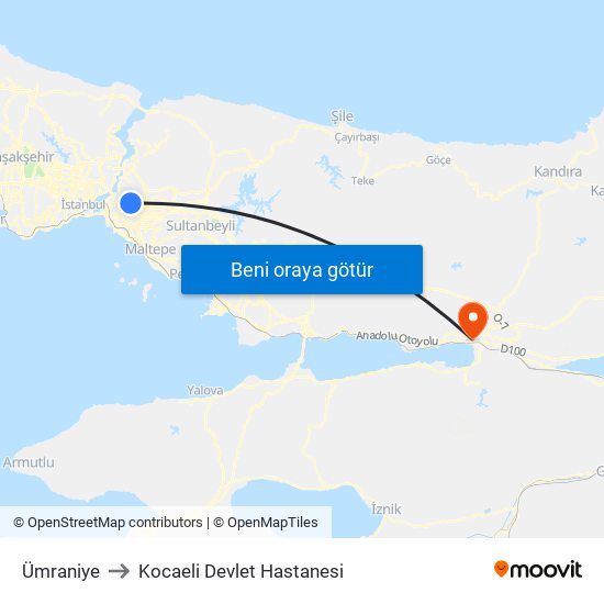 Ümraniye to Kocaeli Devlet Hastanesi map