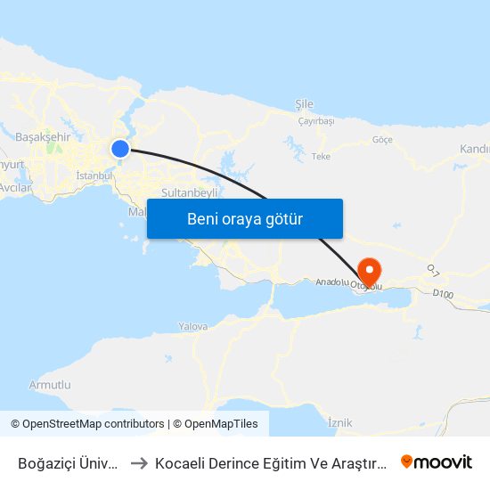 Boğaziçi Üniversitesi to Kocaeli Derince Eğitim Ve Araştırma Hastanesi map