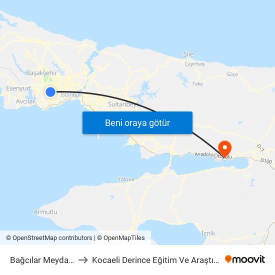 Bağcılar Meydan (M1b) to Kocaeli Derince Eğitim Ve Araştırma Hastanesi map