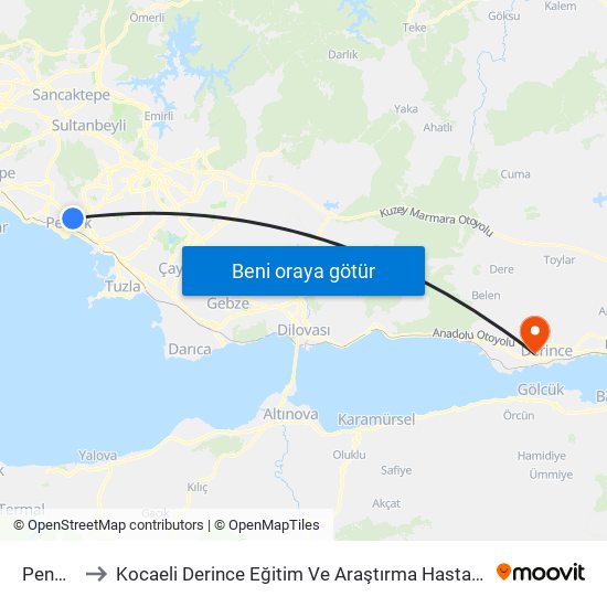 Pendik to Kocaeli Derince Eğitim Ve Araştırma Hastanesi map