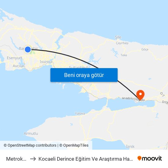 Metrokent to Kocaeli Derince Eğitim Ve Araştırma Hastanesi map