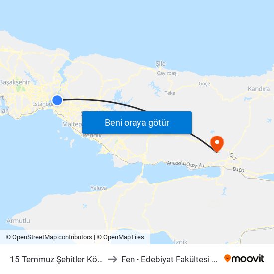 15 Temmuz Şehitler Köprüsü to Fen - Edebiyat Fakültesi A Blok map