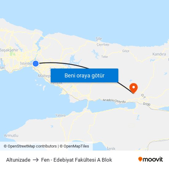 Altunizade to Fen - Edebiyat Fakültesi A Blok map