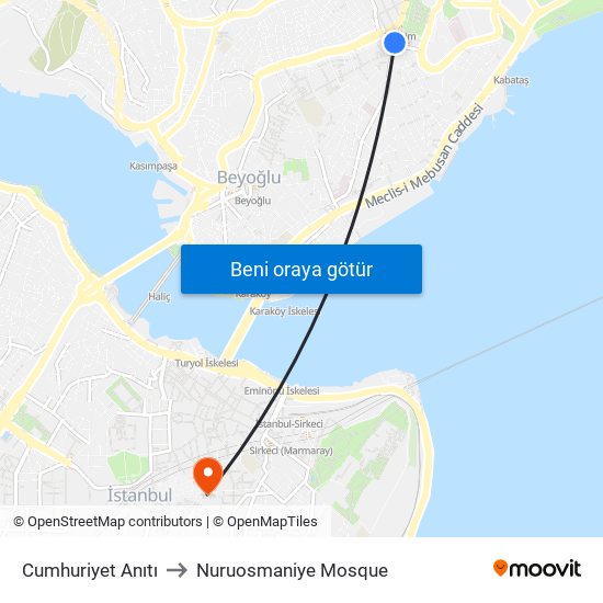 Cumhuriyet Anıtı to Nuruosmaniye Mosque map