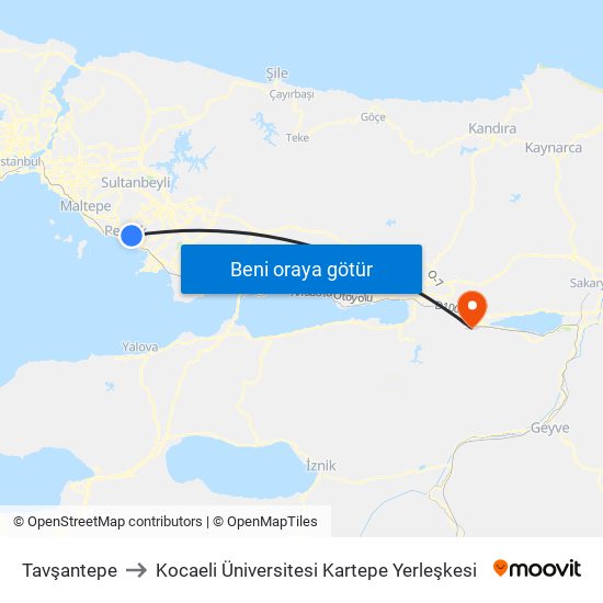 Tavşantepe to Kocaeli Üniversitesi Kartepe Yerleşkesi map