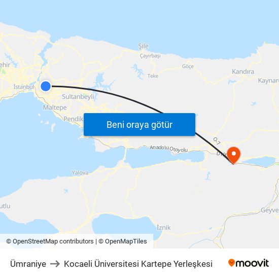 Ümraniye to Kocaeli Üniversitesi Kartepe Yerleşkesi map