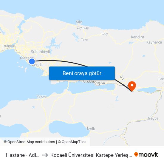 Hastane - Adliye to Kocaeli Üniversitesi Kartepe Yerleşkesi map