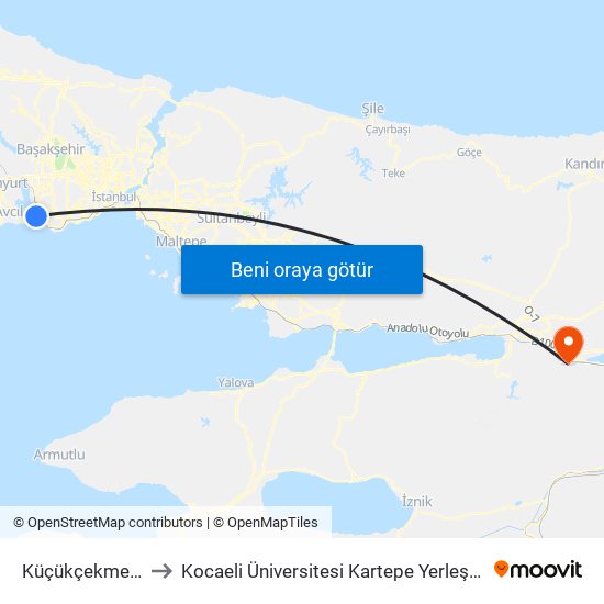 Küçükçekmece to Kocaeli Üniversitesi Kartepe Yerleşkesi map