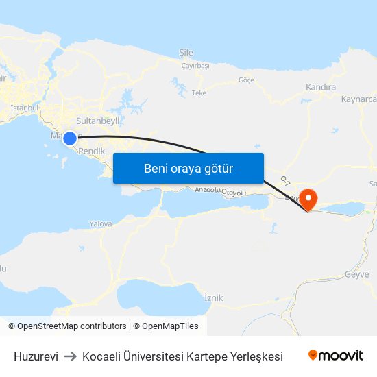 Huzurevi to Kocaeli Üniversitesi Kartepe Yerleşkesi map