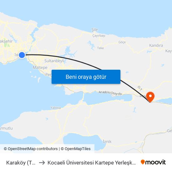 Karaköy (T1) to Kocaeli Üniversitesi Kartepe Yerleşkesi map