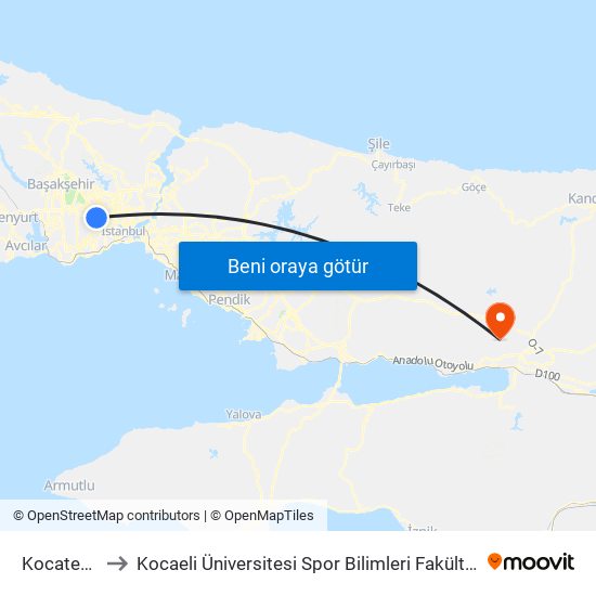 Kocatepe to Kocaeli Üniversitesi Spor Bilimleri Fakültesi map