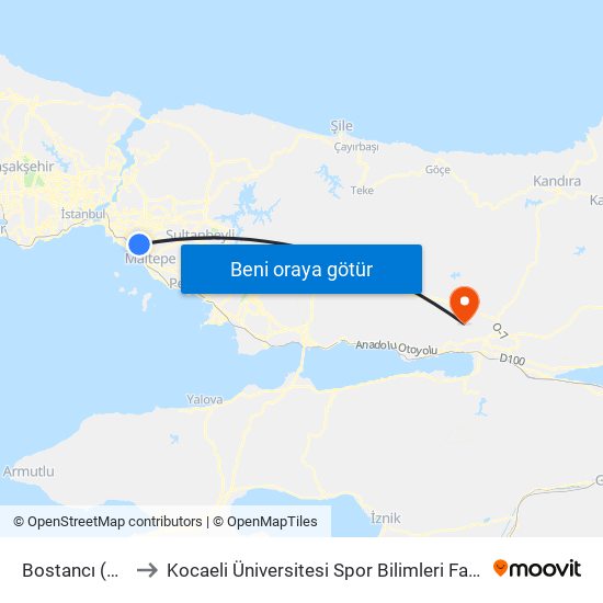 Bostancı (M4) to Kocaeli Üniversitesi Spor Bilimleri Fakültesi map