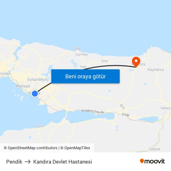 Pendik to Kandıra Devlet Hastanesi map