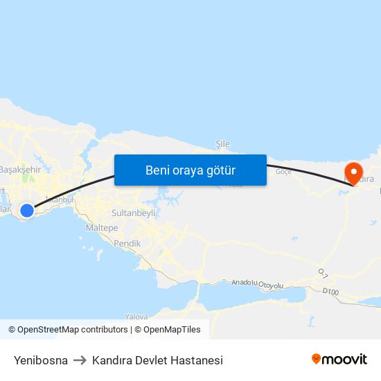 Yenibosna to Kandıra Devlet Hastanesi map