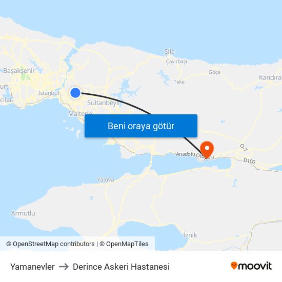 Yamanevler to Derince Askeri Hastanesi map