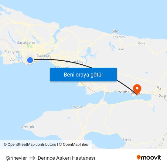 Şirinevler to Derince Askeri Hastanesi map