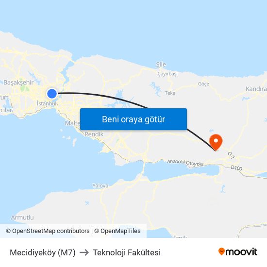 Mecidiyeköy (M7) to Teknoloji Fakültesi map