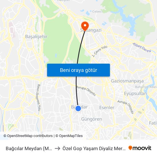 Bağcılar Meydan (M1b) to Özel Gop Yaşam Diyaliz Merkezi map