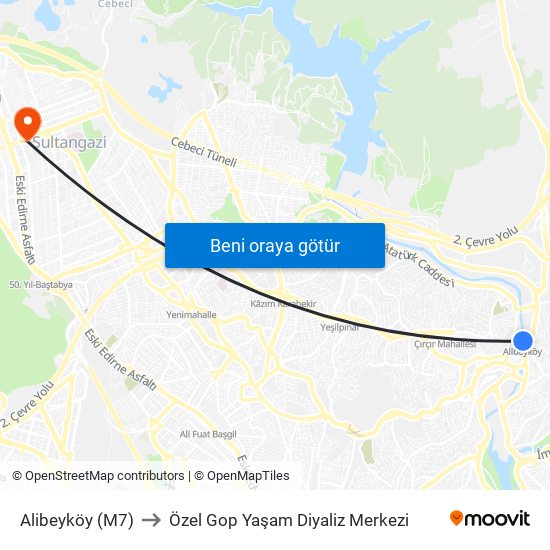 Alibeyköy (M7) to Özel Gop Yaşam Diyaliz Merkezi map