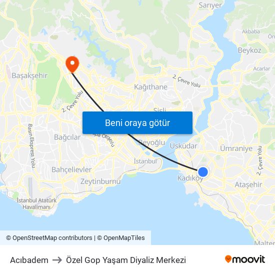 Acıbadem to Özel Gop Yaşam Diyaliz Merkezi map