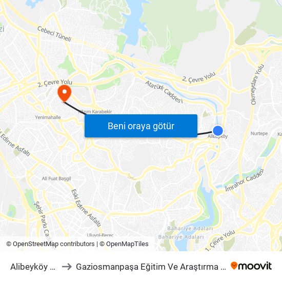 Alibeyköy (M7) to Gaziosmanpaşa Eğitim Ve Araştırma Hastanesi map