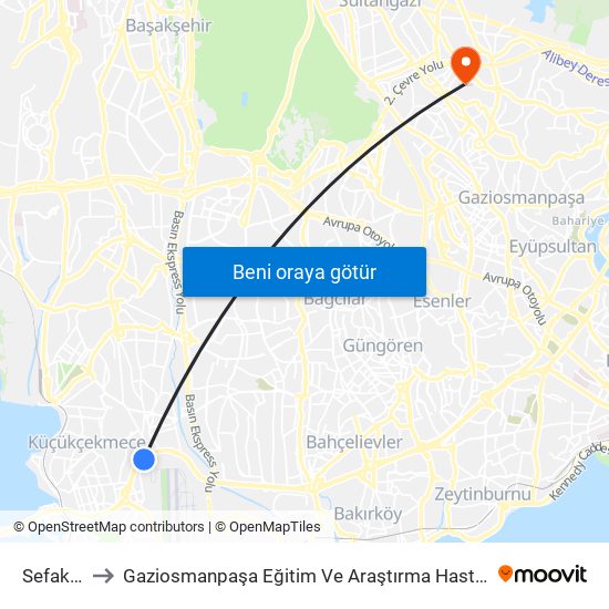 Sefaköy to Gaziosmanpaşa Eğitim Ve Araştırma Hastanesi map