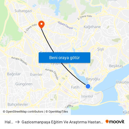 Haliç to Gaziosmanpaşa Eğitim Ve Araştırma Hastanesi map