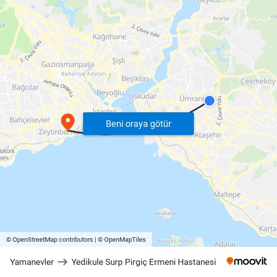 Yamanevler to Yedikule Surp Pirgiç Ermeni Hastanesi map