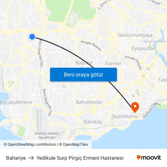 Bahariye to Yedikule Surp Pirgiç Ermeni Hastanesi map