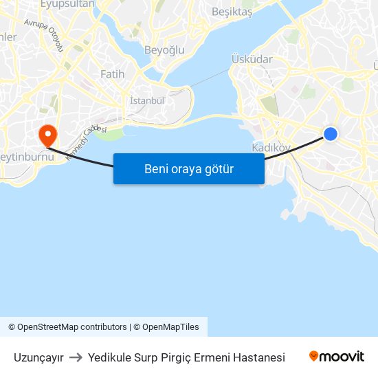 Uzunçayır to Yedikule Surp Pirgiç Ermeni Hastanesi map