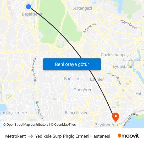 Metrokent to Yedikule Surp Pirgiç Ermeni Hastanesi map