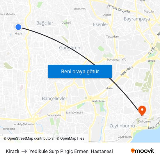 Kirazlı to Yedikule Surp Pirgiç Ermeni Hastanesi map
