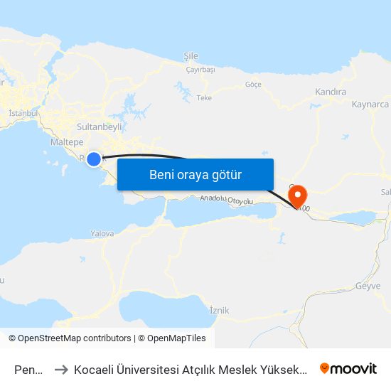 Pendik to Kocaeli Üniversitesi Atçılık Meslek Yüksekokulu map