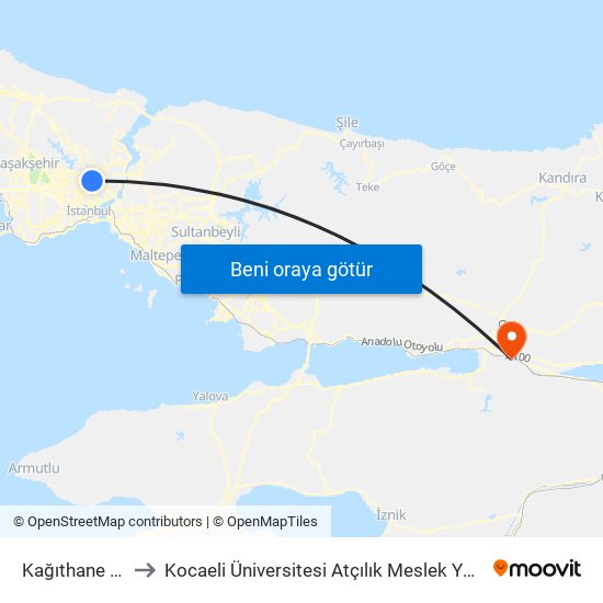 Kağıthane (M7) to Kocaeli Üniversitesi Atçılık Meslek Yüksekokulu map