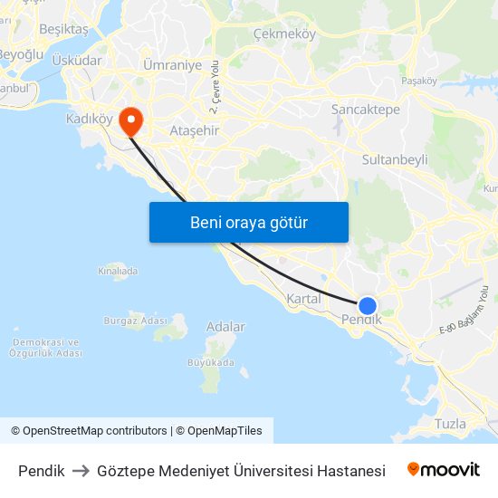 Pendik to Göztepe Medeniyet Üniversitesi Hastanesi map