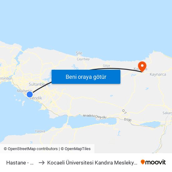 Hastane - Adliye to Kocaeli Üniversitesi Kandıra Meslekyüksek Okulu map