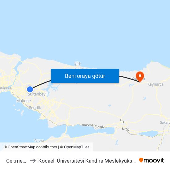 Çekmeköy to Kocaeli Üniversitesi Kandıra Meslekyüksek Okulu map