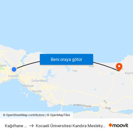 Kağıthane (M7) to Kocaeli Üniversitesi Kandıra Meslekyüksek Okulu map