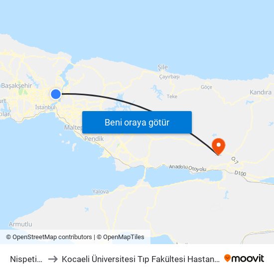 Nispetiye to Kocaeli Üniversitesi Tıp Fakültesi Hastanesi map