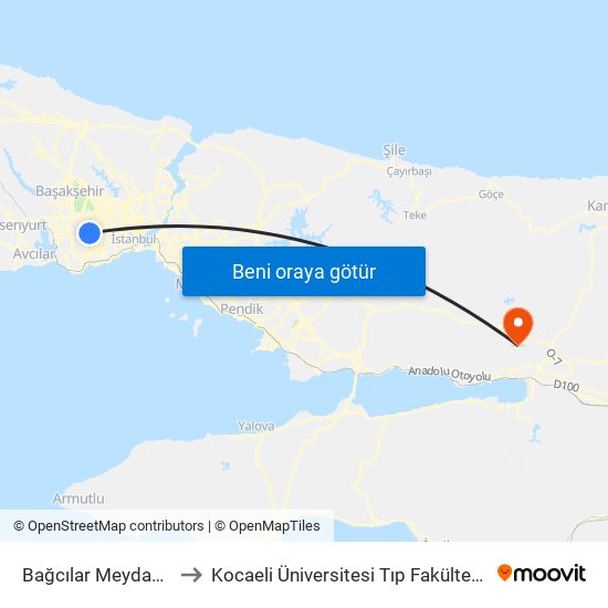 Bağcılar Meydan (M1b) to Kocaeli Üniversitesi Tıp Fakültesi Hastanesi map