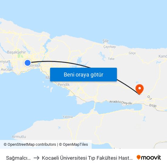 Sağmalcılar to Kocaeli Üniversitesi Tıp Fakültesi Hastanesi map