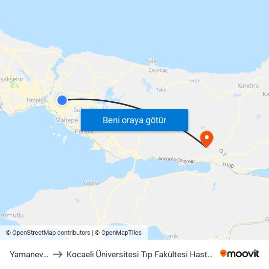 Yamanevler to Kocaeli Üniversitesi Tıp Fakültesi Hastanesi map