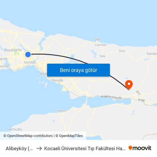 Alibeyköy (M7) to Kocaeli Üniversitesi Tıp Fakültesi Hastanesi map