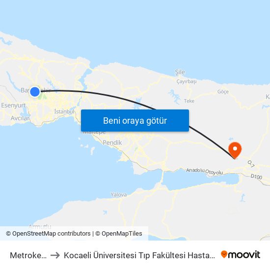 Metrokent to Kocaeli Üniversitesi Tıp Fakültesi Hastanesi map