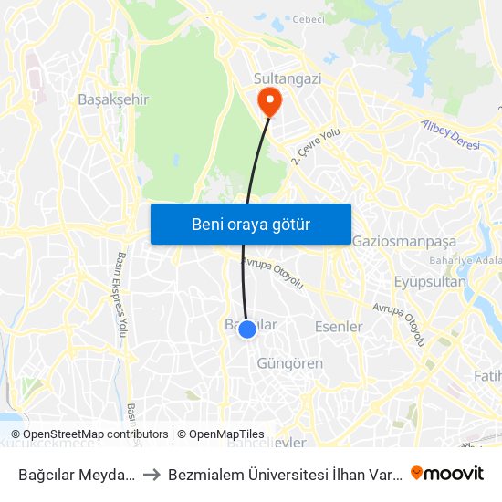 Bağcılar Meydan (M1b) to Bezmialem Üniversitesi İlhan Varank Yerleşkesi map