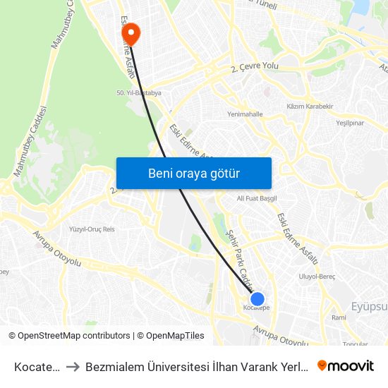 Kocatepe to Bezmialem Üniversitesi İlhan Varank Yerleşkesi map