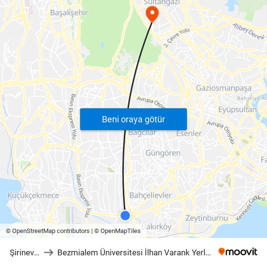 Şirinevler to Bezmialem Üniversitesi İlhan Varank Yerleşkesi map